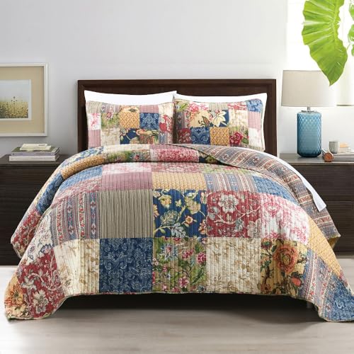 ENASAL Luxury Floral Reversible Cotton Bedspread Quilt Set Queen 90x98in