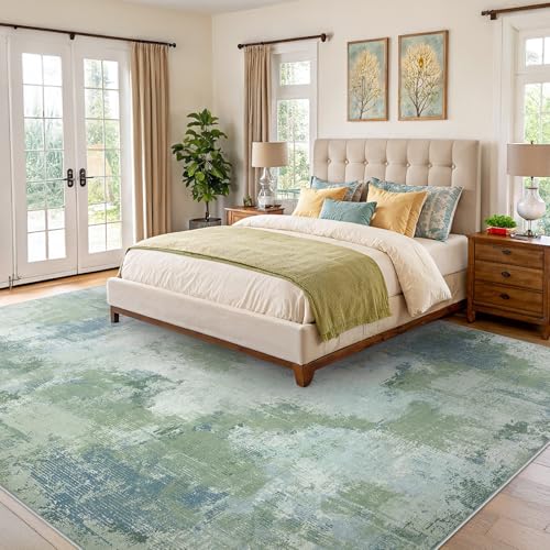 Green 8x10 Abstract Area Rug - Washable Living Room Carpet, Low Pile