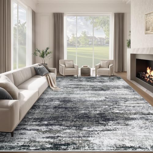 Losbulake 8x10 Black Machine Washable Area Rug - Low-Pile Abstract Modern Living Room