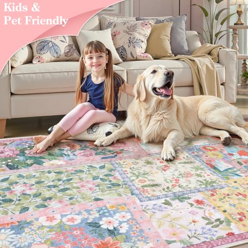 5' x 7' Pink Girls Bedroom Rug - Soft Patchwork Non-Slip Washable Carpet