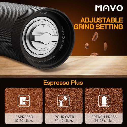 MAVO Manual Coffee Grinder with Pentagon & Hexagonal Stainless Steel Burrs, 25g Capacity, Black