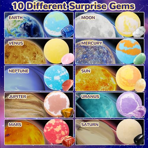 Space Themed Kids Bath Bombs Set with Surprise Gemstones - Organic, Safe & Educational 10 Pack