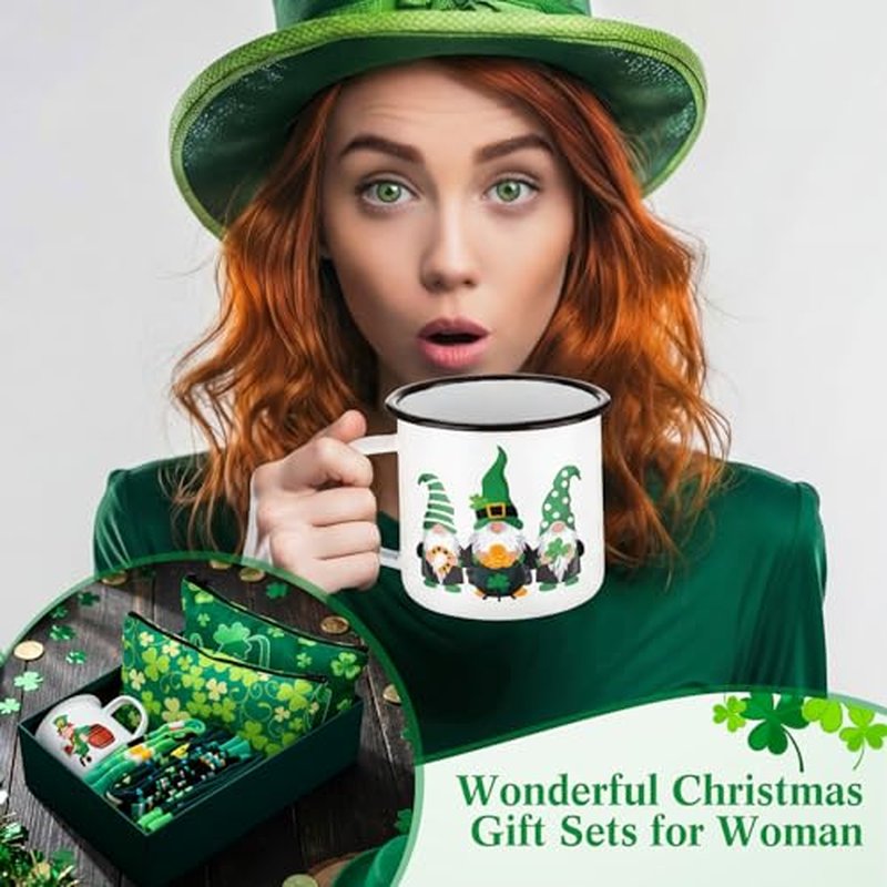 18 Pcs St Patrick's Day Gifts Set Happy St Patrick's Day Enamel Mugs Irish Shamrock Lucky Makeup Bags Green Clover Socks Bulk Party Favors Supplies for Women Coworkers Saint Patty's Decor