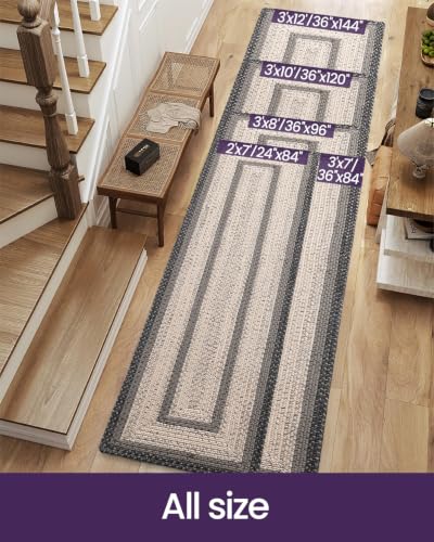 Braided Farmhouse Hallway Runner Rug 3x7 Black Ivory Non Slip Durable