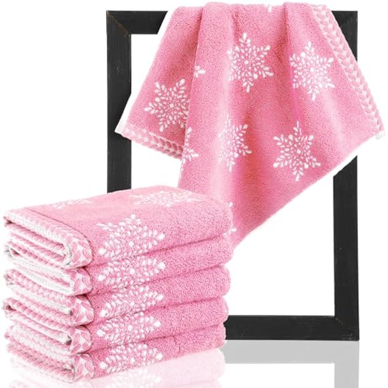 6 Pcs Christmas Washcloths Cotton Wash Cloths 13 X 13 Winter Xmas Kitchen Small Face Towels Absorbent Soft Bath Towels for Christmas Holiday Party Decor(Pink,Snowflakes)