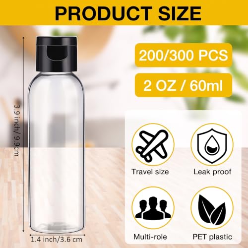 300 Pack 2 oz Clear Plastic Flip Cap Bottles - Travel Refillable Containers
