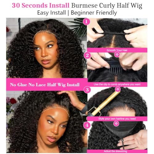 Larhali 16 Inch Burmese Curly Half Wig with Drawstring - No Glue, Natural Black, 180% Density, Beginner-Friendly, Flip Over Style