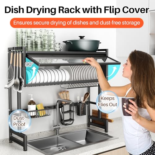 CUISIBOT 37.4in Over-Sink Dish Drying Rack with Lid, 3-Tier Stainless Steel Black