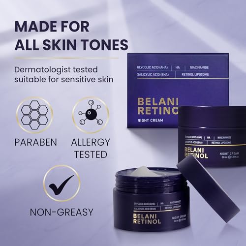 ABERA Belani Retinol Cream for Face, Facial Moisturizer with Collagen Cream and Hyaluronic Acid, Anti-Wrinkle Reduce Fine Lines, Night Anti-Aging For Women (1.01 Fl Oz) (1 Box + 2 Eye Patches)