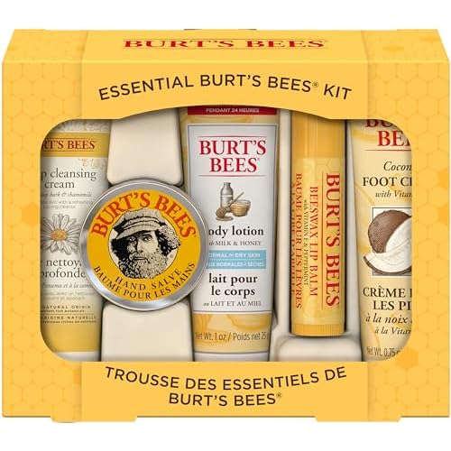 Burt's Bees Mothers Day Gifts Essential Beauty Set, 5 Travel Size - Deep Cleansing Cream, Hand Salve, Body Lotion, Foot Cream and Lip Balm, with 4 Flavored Lip Balms