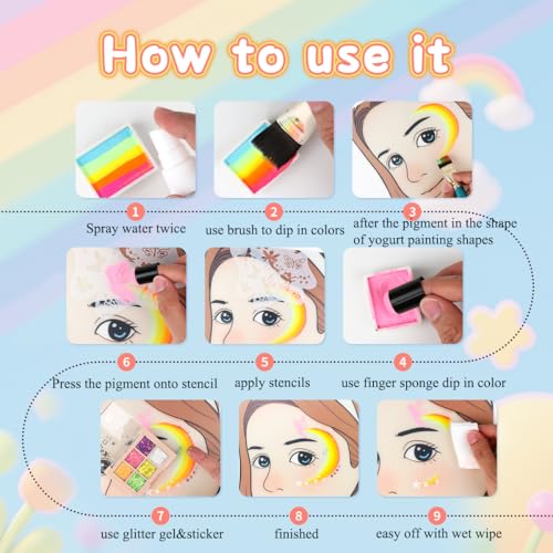 Professional Face Painting kit for kids, Depvision 68 Colors Split Cake Face Paint Kit, Non-Toxic Washable Safe Water Based Body Paint kit with Brushes Stencils Sponge Gems Glitter for Halloween gift