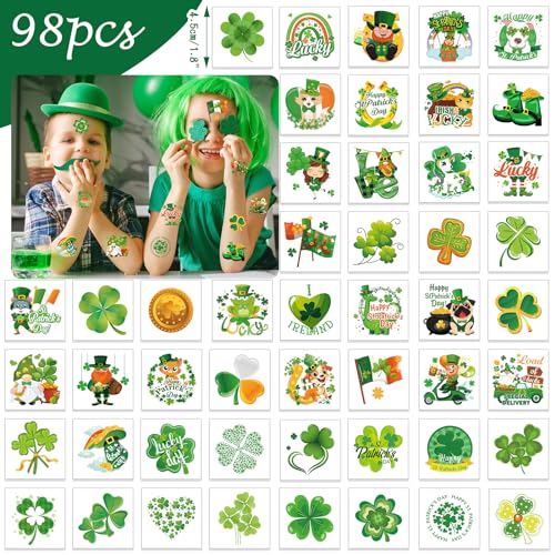 HOWAF 98pcs St. Patrick's Day Temporary Tattoos, 49 styles| St Patrick's Day Shamrock Temporary face stickers, Kiss Me I'm Irish Waterproof Tattoos Face Stickers Waterproof Party accessories