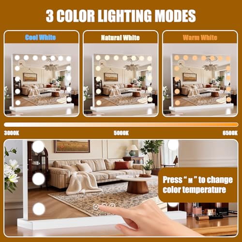 Vanity Mirror with Lights, 23"¡¿18" Large Hollywood Makeup Mirror with 15 Dimmable Bulbs, 3-Color Lighting, Dimmable, 10x Magnification, Desk Mirror, Bedroom (White)