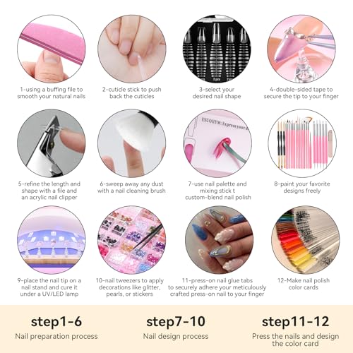Acrylic Fake Nails Kit with File & Buffer - Press On Nail Set with 240 Tips & Tools - Variation of Press On Nail Kit With File Buffer