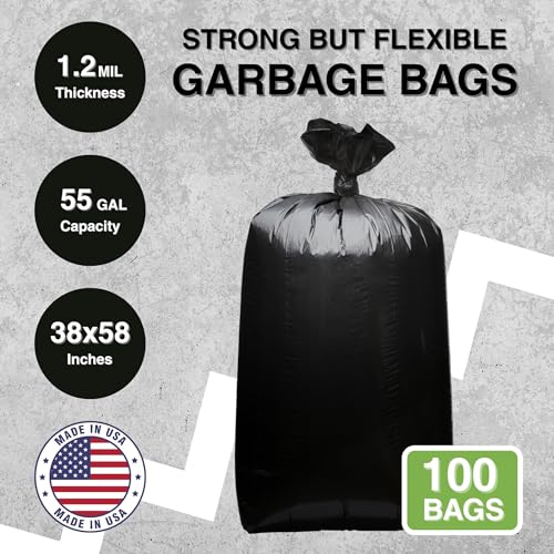 55-60 Gallon Heavy-Duty Black Garbage Bags - 38x58 Inch, 1.2 Mil, Made in USA, Bulk 100 Count
