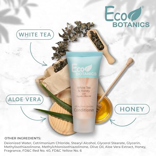 Eco Botanics Travel Size Hotel Conditioner 300 Count 0.85oz Bottles Guest Amenities for Vacation Rentals & Short Term Rentals Paraben Free White Tea Scent Infused with Aloe Honey and Olive Oil