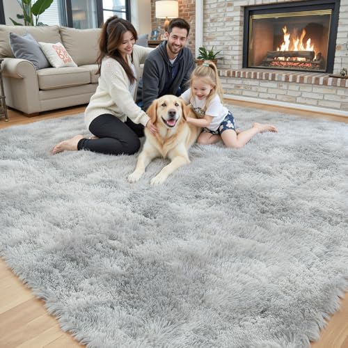 Light Grey Tie-Dyed 8x10 Area Rug - Large Shaggy Carpet for Living Room - Grey Fluffy Rug with Non-Slip Backing