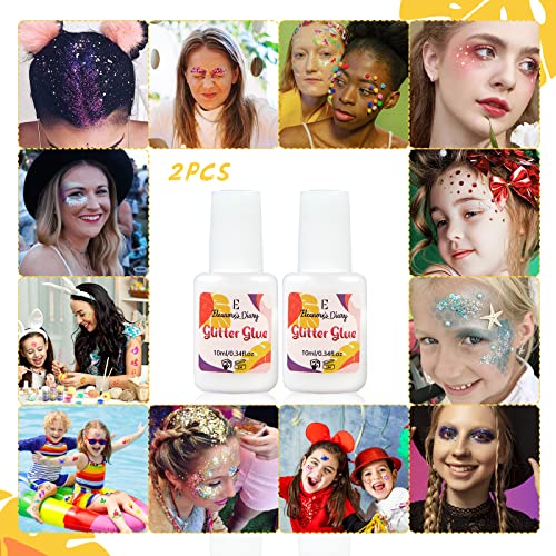 Body Glue for Glitter Tattoos, Eleanore's Diary 10ml*2 Art Glitter Glue, Odourless & Non Toxic, Suit for Skin Chunky Makeup, Beach Parties, Music Festival, Carnival, Cosplay, Summer Holiday, Gemstones