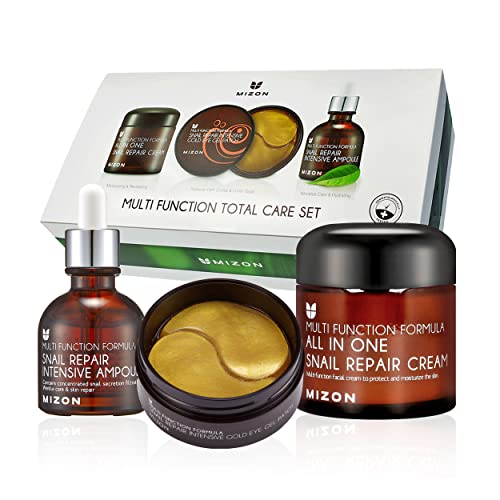 MIZON Multifunction Total Care Set Skincare routine with 24K Gold Snail Eye Patches (30 pairs) All in One Snail Repair Cream (2.53Fl Oz) and Snail Repair Intensive Ampoule (1.01Fl Oz)