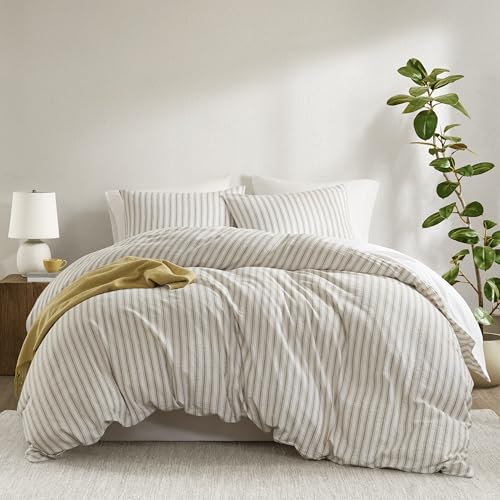 Madison Park Queen Duvet Cover Set Tan Linen Cotton Rayon Blend Stylish Bedding