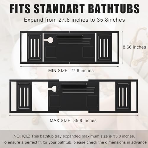Bathtub Tray Caddy,Premium Bamboo Expandable Bath Tub Trays Table, Foldable Bathroom Accessories,Great House Warming, Anniversary and Birthday Gifts,Black