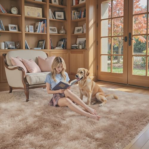 8x10 Dark Beige Tie-Dyed Shag Area Rug for Living Room & Bedroom, Soft Plush Carpet