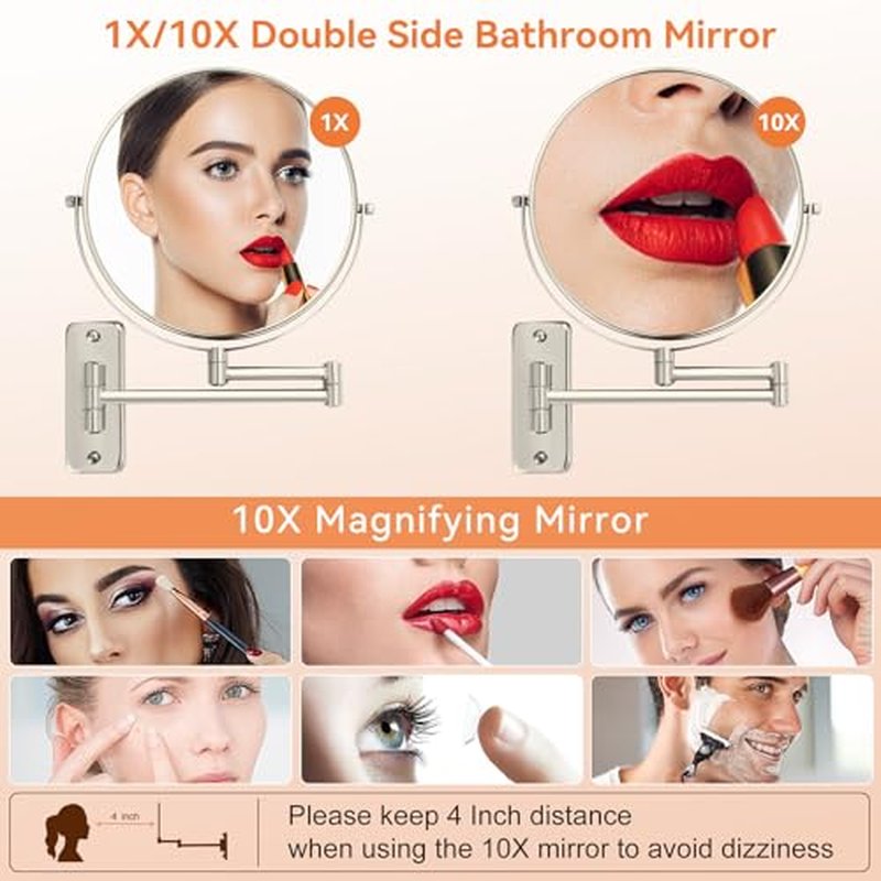 8" Extendable Bathroom Mirror Wall Mount with 1X/10X Magnification, 360¡Æ Swivel Double Sided Vanity & Shaving Mirror, Nickel Finish (No Light)