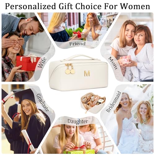 Large Beige Personalized Initial Makeup Bag for Bridesmaids - CLOUDWINGS