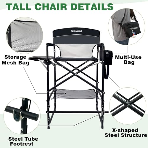Black Tall Folding Director Chair with Side Table & Cosmetic Bag - 30.7" Seat Height, Supports 350 lbs