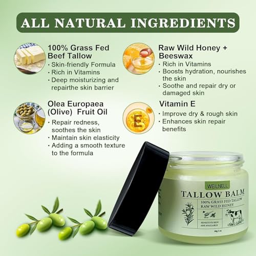 Beef Tallow and Honey Balm for Skin - All-Natural Moisturizer Hydrates and Nourishes the Skin, Grass-Fed Beef Tallow & Honey Balm Blend, Deeply Moisturizing for Face & Body Natural Skin Care