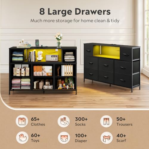 LED TV Stand for 55 Inch TV with 8 Drawers, RGB Ambient Lighting, Black - Adjustable & Durable