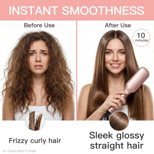 Pink Gold Hair Straightener Brush with Ionic Ceramic Heating, Anti-Scald, Auto Shutoff, Dual Voltage