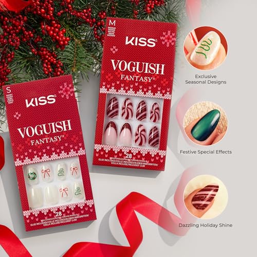 KISS Voguish Fantasy Holiday Press On Nails Almond, ¡®Sleigh All¡¯, Nude, Medium Length, No Damage To Natural Nails, Pink Gel Nail Glue (2g), Mini Nail File, Manicure Stick, & 28 Fake Nails