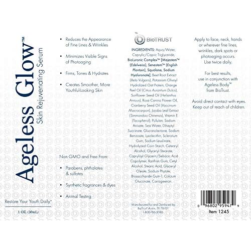 BioTrust Ageless Glow Anti Aging Moisturizer, Skin Brightening Serum with Vitamin C and Hyaluronic Acid, Plant-Based, Naturally Derived Facial Serum (1 fl oz.)