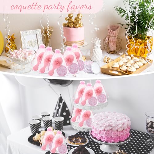 Pink Butterfly Wedding Party Favor Set - Mirror & Hair Brush with Coquette Bow Variation