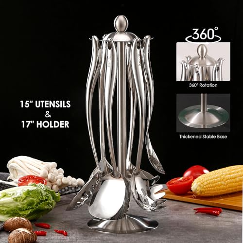 Stainless Steel Cooking Utensil Set with Rotating Holder - 7-Piece Kitchen Tools