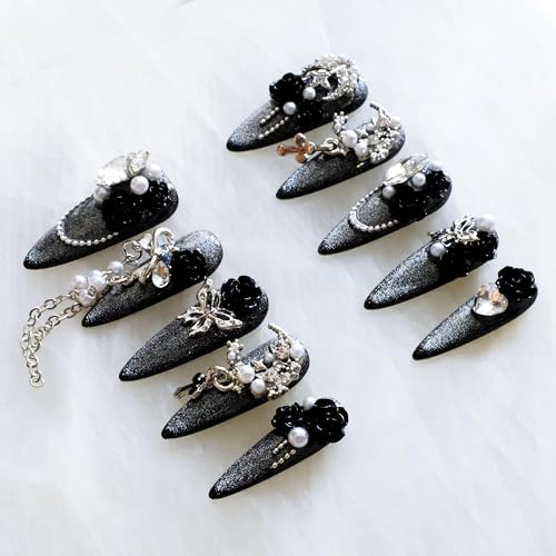 Luxury Long Stiletto Press-On Nails with Black Roses - S Black Rose Variation