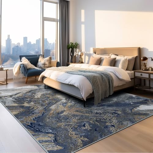 Blue and Gold Abstract Rug 9x12 Washable Area Rug for Living Room - Pet Friendly, Non-Slip Backing