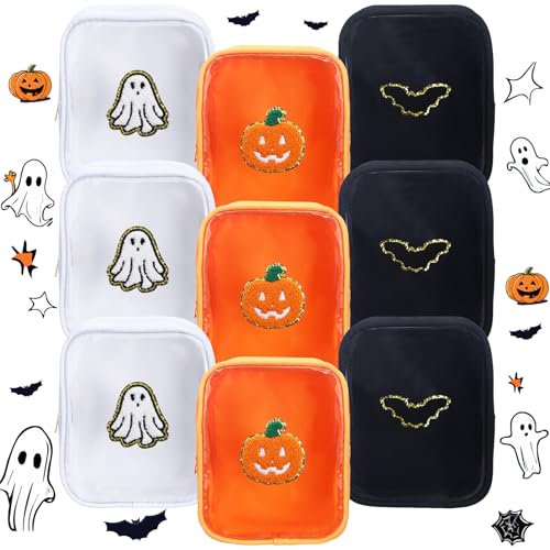 Sunnymove Organer Halloween Makeup Bag with Pumpkin Ghost Bat Chenille Patches, 9 Pack, Cute & Transparent