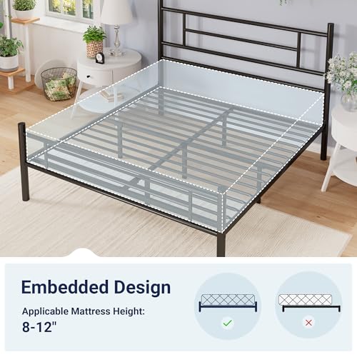 Full Size Metal Bed Frame with Headboard and Footboard - Black, Modern & Durable
