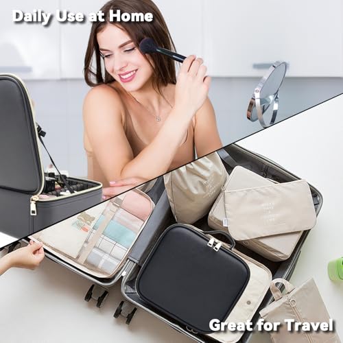 Travel Makeup Bag with LED Mirror & 10x Magnifying Glass - Black, Adjustable Dividers