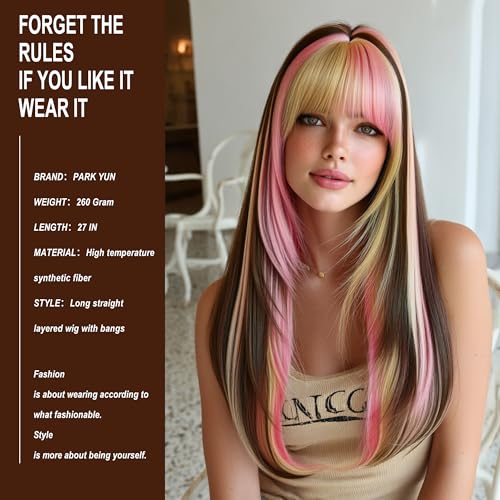27 Inch Brown Layered Wig with Pink Blonde Highlights & Bangs - Pink Blonde Chunky Highlights