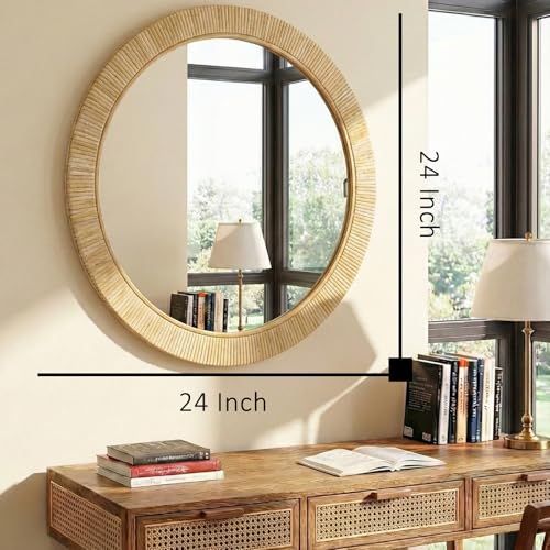 Round 24x24 Inch Rattan Wall Mirror - Rustic Boho Wicker Frame, Handmade