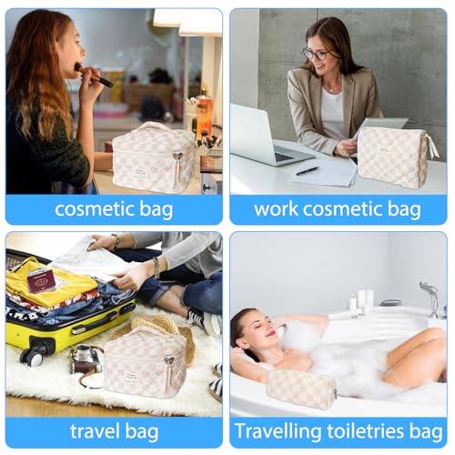 Cozomga 3pcs Brown Checkered Quilted Makeup Bag Set - Travel & Daily Organizers