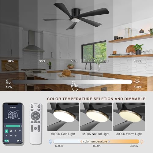 Ohniyou 52-Inch Black Low Profile Ceiling Fan with Lights & Remote Control