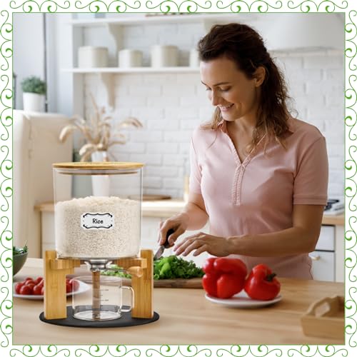 Glass and Bamboo Rice Dispenser 10 lbs with Airtight Seal & Labels