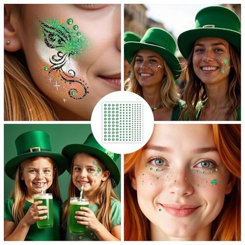 EMOME St Patrick Day Accessories, St Patrick's Day Glitter Shamrock Face Tattoo with Green Face Gems and Faux Freckles, Saint Patrick's Day Makeup Art Decorations Gift for Women