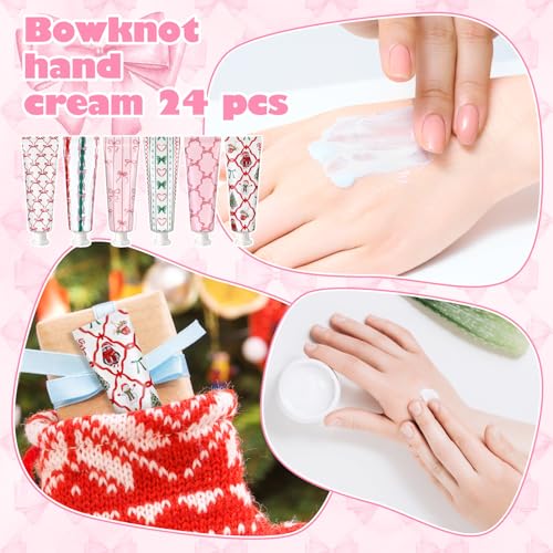 24 Pcs Pink Bow Christmas Hand Cream Gifts Bulk for Women - Moisturizing Hand Care Set with 6 Designs, 30ml Travel Size