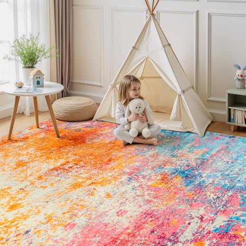 Rainbow Washable Area Rug 8x10 - Soft, Non-Slip Living Room Carpet - Colorful Abstract Design - Kid & Pet Friendly