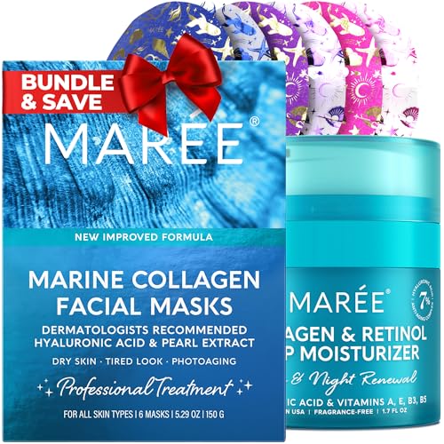 MAREE Collagen & Hyaluronic Acid Face Mask & Moisturizer Set - Anti-Aging Skin Care, 6 Pack & 1.7oz